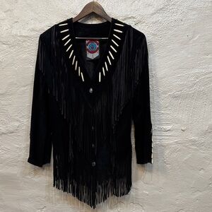Vtg Ren Ellis Womens Renegade Western Rodeo Jacket Black Suede Fringe USA Beadin